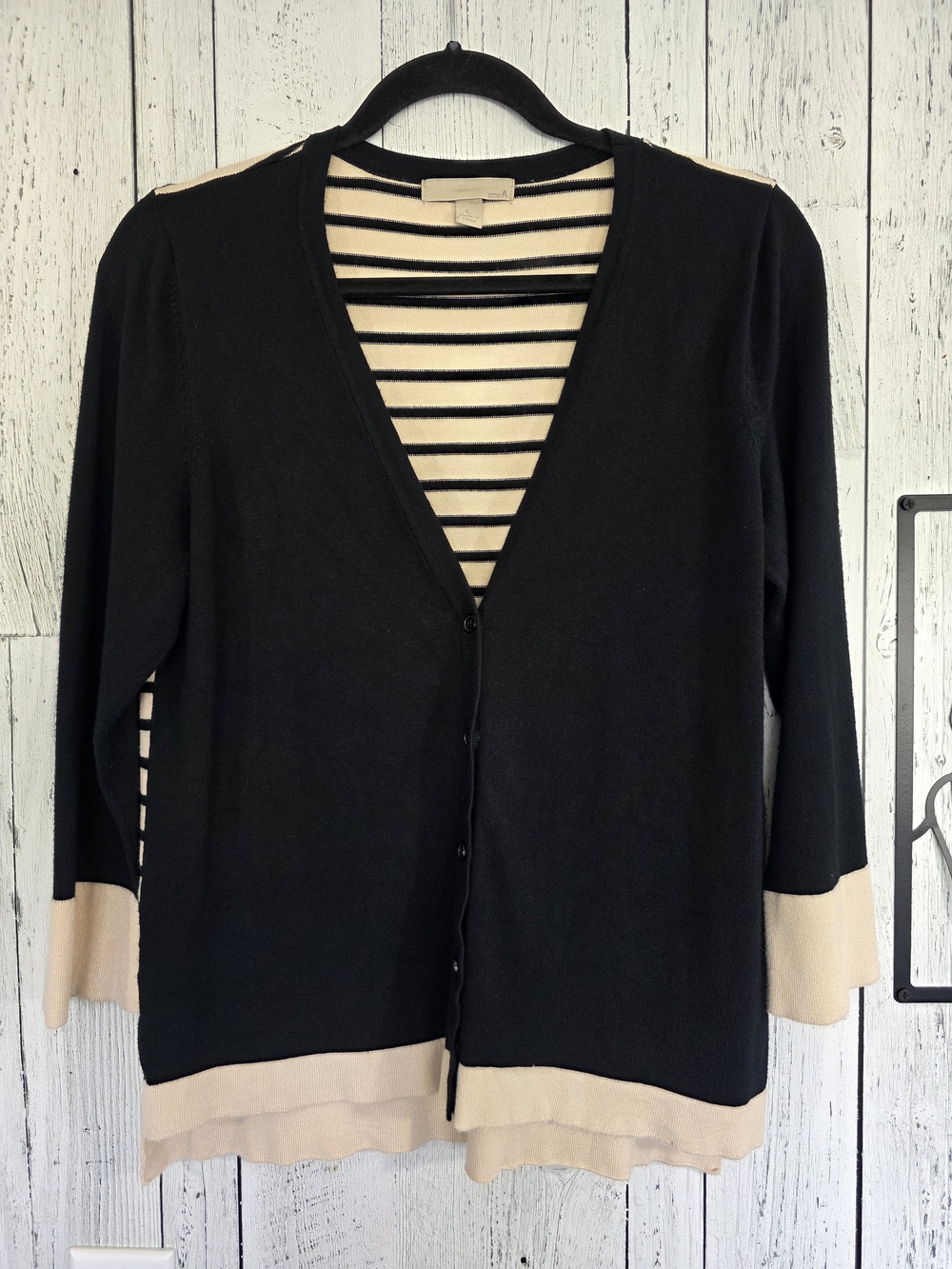 One A Black & Beige Striped Button Front Cardigan – Size L Casual Office Wear